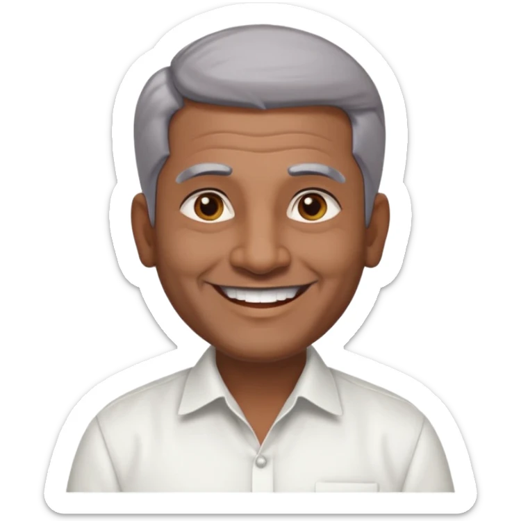 50 yr old indian man, dark skin, grey hair, big smile, white teeth, chubby, no moustache, clean shaven, young style hair, hair brushed back, 5 oclock shadow, bindy on forehead, dress shirt sticker