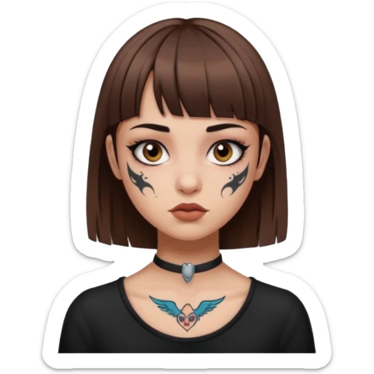Alternative girl with straight brown hair and micro bangs and a throat tattoo sticker
