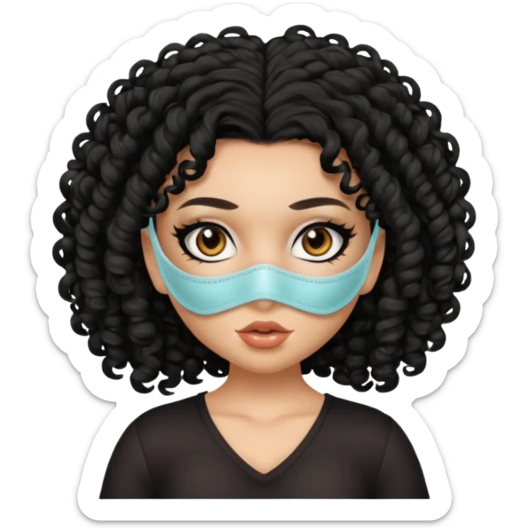 a pretty tan bratz girl with black curly hair. no makeup, looking sick, wearing a mask sticker