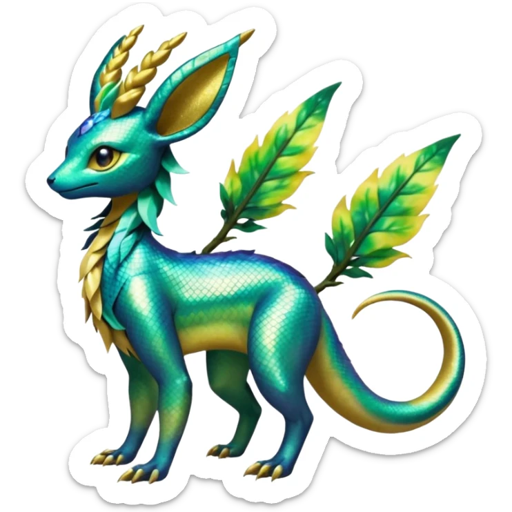 Shiny Iridescent Helioptile-Salandit-Leafeon-Fakémon-hybrid-creature (full body)  sticker