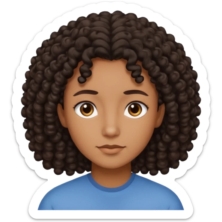 This is a cartoon-style avatar of a person with dark light curly hair, brown skin, and a calm expression sticker