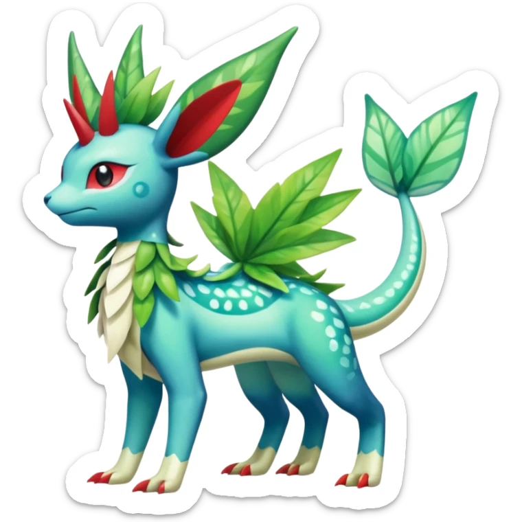 Shiny Colorful Tropical Shaymin-Vaporeon-Sceptile-Flygon-Meloetta-Pokémon-Fakémon-fusion, full body sticker