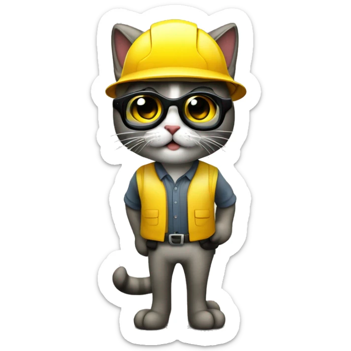 Gato con casco amarillo de trabajo y unas gafas transparentes de seguridad sticker