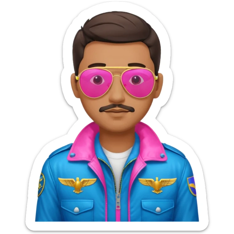 1980s cool man with stubble wearing reflective neon pink and blue aviator sunglasses and a pilot topgun jacket sticker
