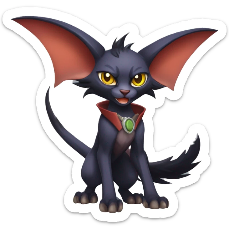 Black cool vampiric Noivern-Litten-Lykoi-Caracal-Fakemon with big bat ears full-body sticker