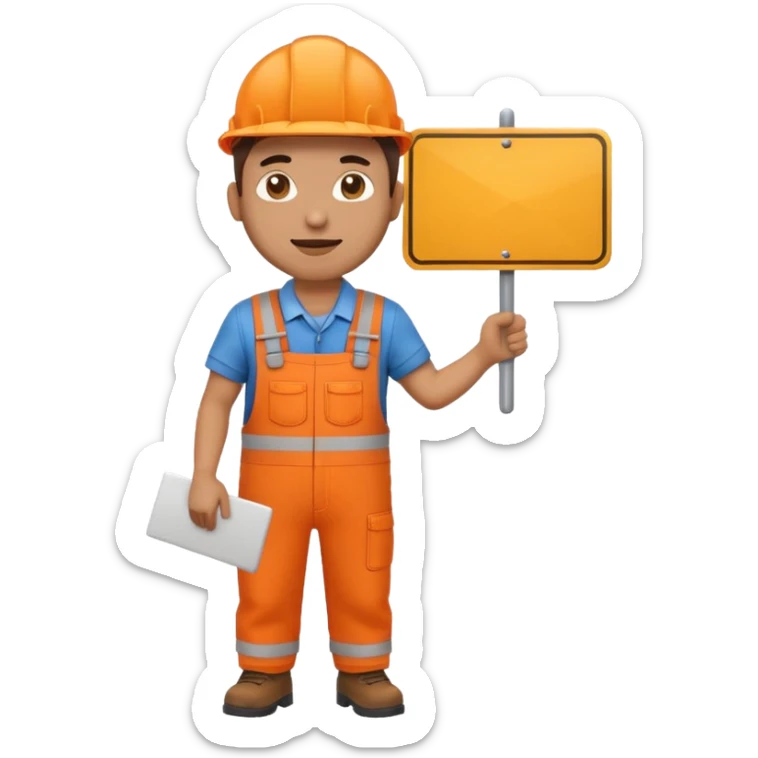emoji style railway engineer full body in orange overalls, holding a sign in front of him sticker