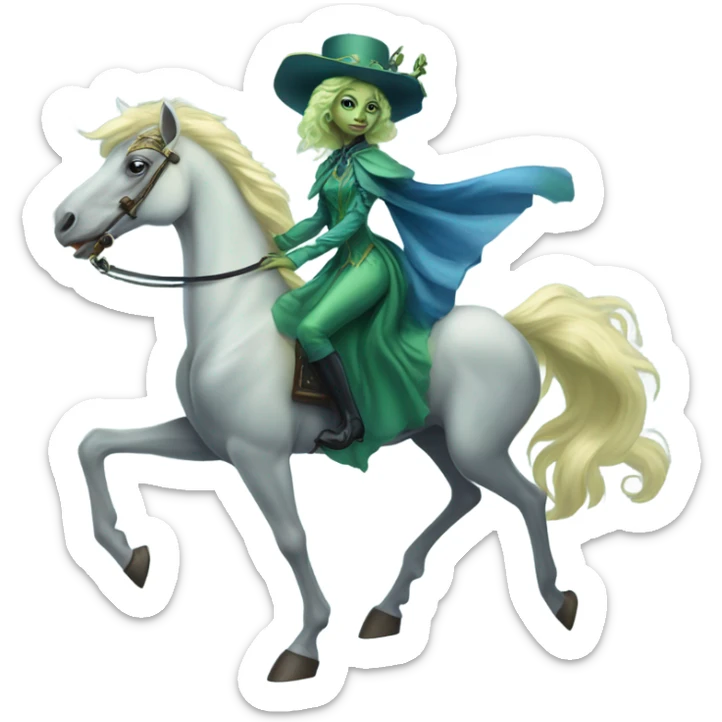 "galora green blonde alien woman" in blue Victorian dress elegant, full body, on pegaso sticker