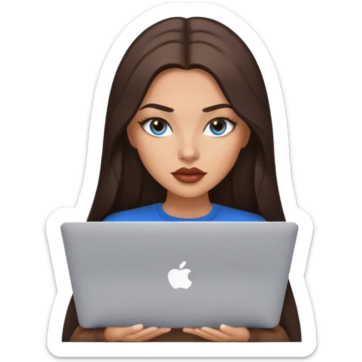 Glamours tanned very beautiful girl with big pump lips and dark chocolate straight smooth long hair, blue-grey eyes in brown clothing with MacBook sticker