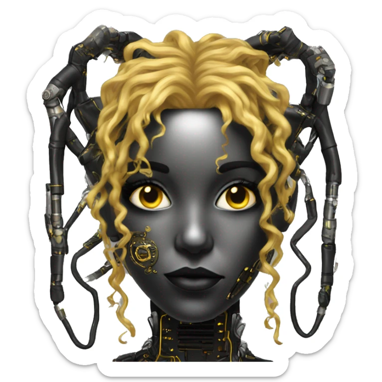 black metal female cyborg head with circuitry and yellow gold curly hair sticker