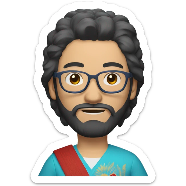 a kazakh man with visible hair in a red bandana, red blue light blocking glasses, a minor beard and a visible sword carried on his back sticker