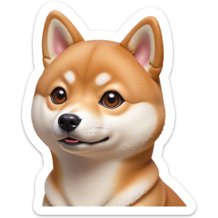 Cinematic Cute Shiba Inu Portrait Emoji, Head tilted playfully and inquisitively, featuring a richfur with a creamy underbelly and perky ears, round, sparkling brown eyes filled with curiosity, Simplified yet irresistibly adorable features, highly detailed, glowing with a warm, friendly glow, high shine, affectionate and lively, stylized with a touch of whimsy, bright and endearing, soft glowing outline, capturing the essence of a mischievous yet loving pup, so playful it feels like it could leap out of the screen and into your arms! sticker