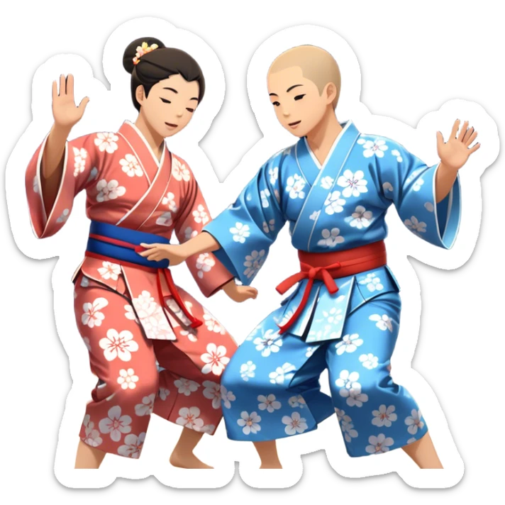 Cinematic Realistic scene of two performers engaging in Bon Odori, dressed in traditional yukata with intricate summer patterns, captured in graceful, rhythmic motion with warm, festive lighting sticker