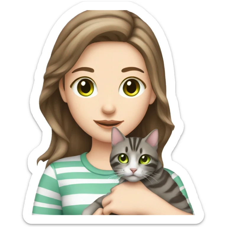brown hair pale girl with green eyes holding grey tabby striped cat   sticker