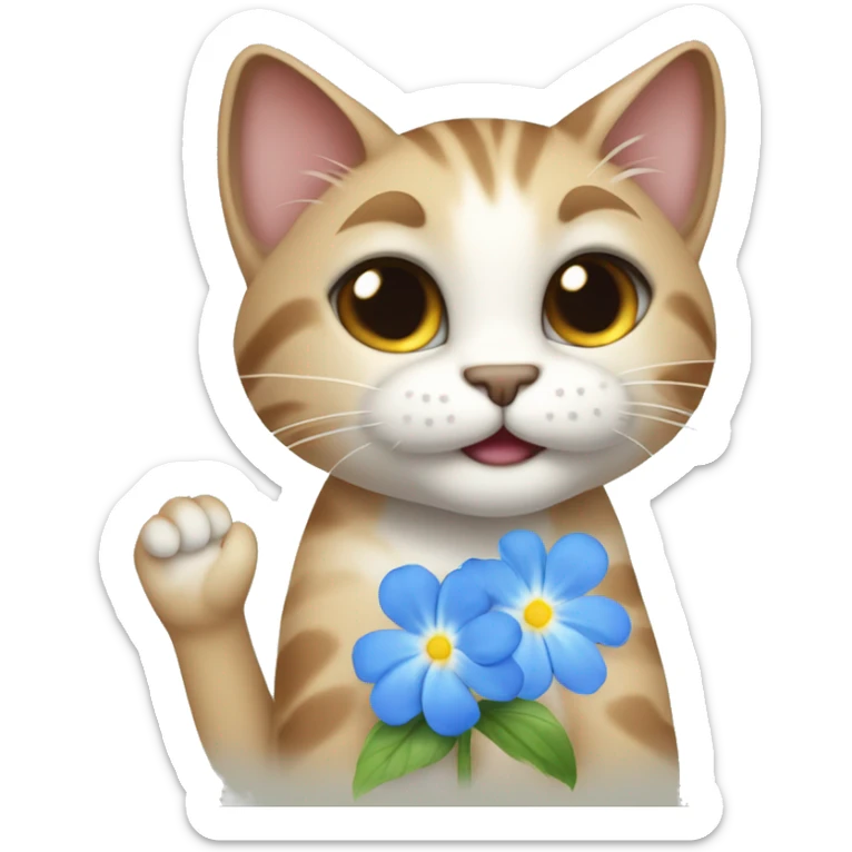 sweet cat smiling and stretching out its paw and giving a blue flower forget me not sticker
