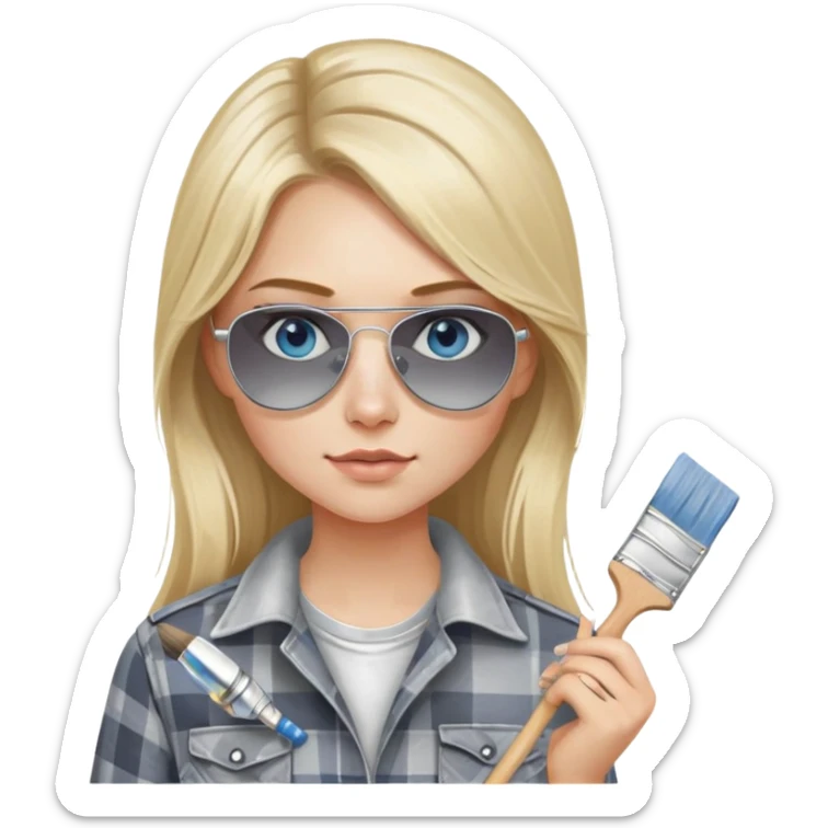 girl with long blond hair, wearing grey plaid shirt with blue eyes and aviator sunglasses wearing a ring on her silver necklace, holding a paint brush roller with a small bit of white paint on her face sticker