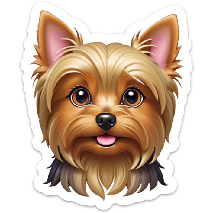 Cinematic Cute Yorkshire Terrier Portrait Emoji, Head perked with bright, twinkling eyes and a perky expression, showcasing a soft, silky fur in rich hues, simplified yet adorably detailed, glowing with a cheerful, inviting glow, high shine, exuding playful intelligence and spunky charm, styled with a gentle, whimsical outline, capturing the essence of a cute Yorkshire Terrier that appears ready to frolic off the screen with irresistible energy! sticker