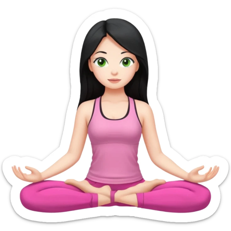 Girl with long black hair with green eyes doing yoga with pink clothes sticker