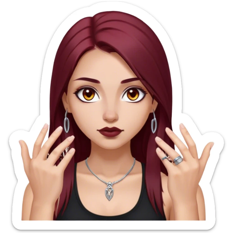emoji of girl with two black glocks in hands with a black tank top gorgeous girl y2k with maroon dark long hair in a middle part with straight nose hazel eyes medium perfect eye brows with  a nose ring silver on the right nostril  sticker