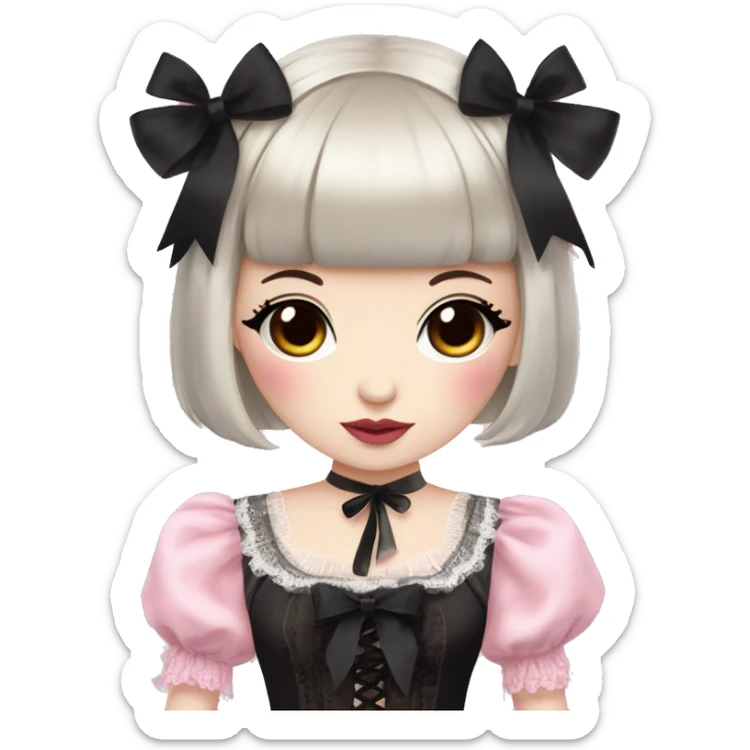 pale woman with short black hair and bangs, pink lips and eyeshadow, long eyelashes, brown eyes, pink Lolita dress with laces and ribbons, gothic Lolita doll look sticker