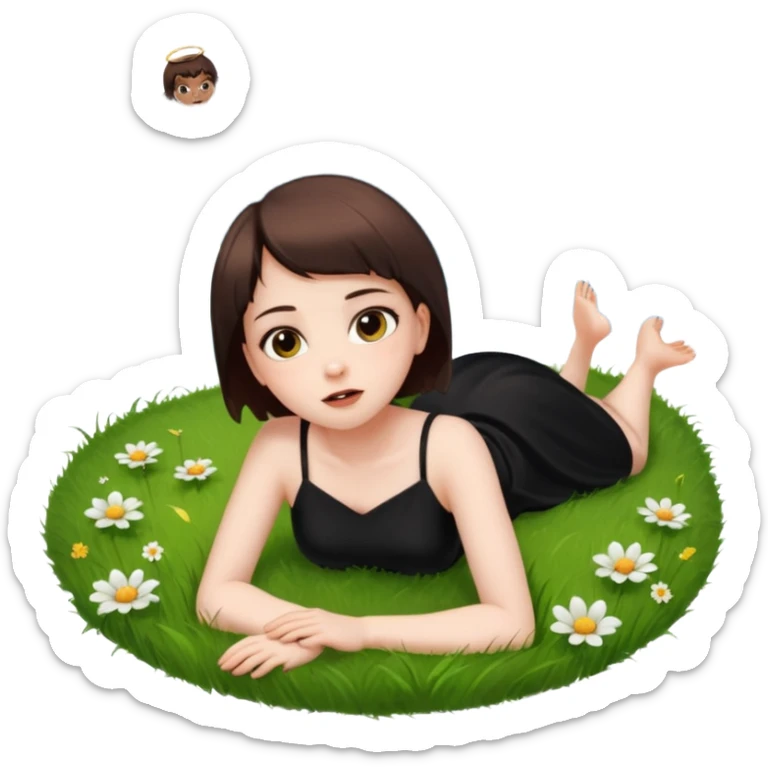A short-haired brown demon girl lies on the grass, looking up at a flying angel in the sky."
 sticker