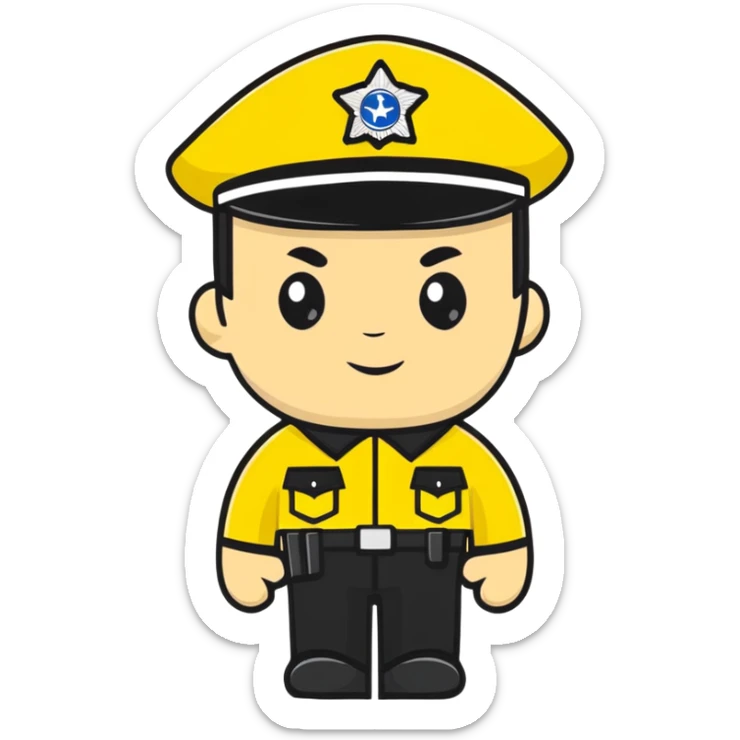 Russian police officer with yellow uniform and yellow police hat sticker