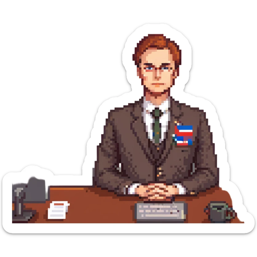 Russian Ministry of Finance employee dealing with sanctions, detailed, professional attire, serious expression, office setting, Russian flag elements subtly included, red color scheme sticker