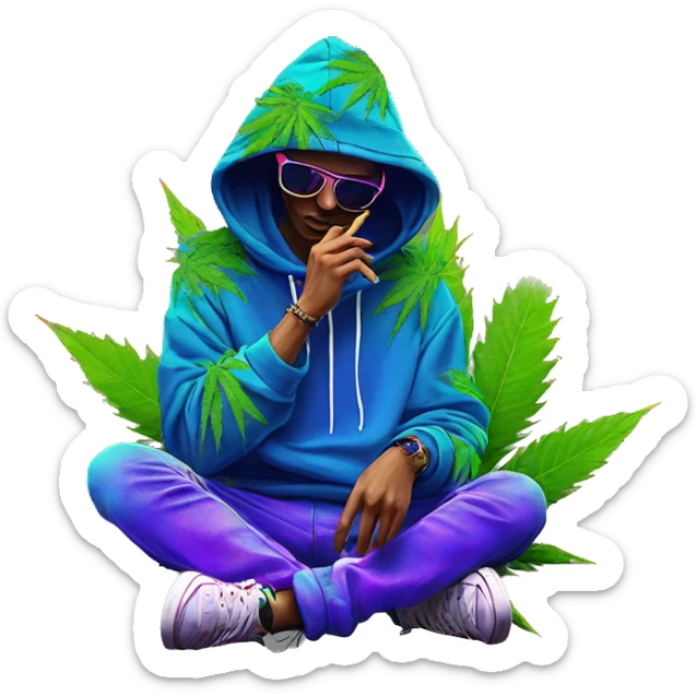 Hemp leaves Multicoloured neon person smoking wearing hoodie dancing hip hop bucket hat tropical Skater fashion aesthetic baggy clothes graphic t shirt 420 sticker