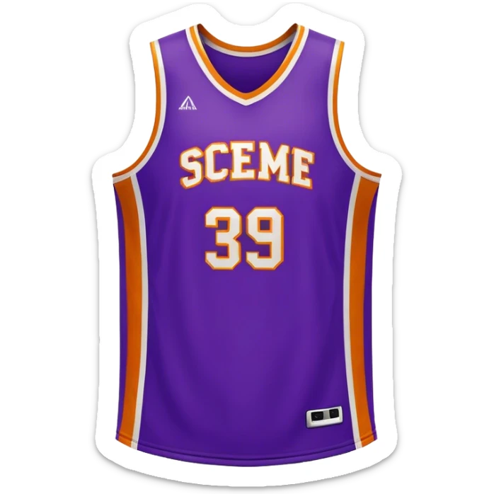 Cinematic Realistic image of a basketball jersey rendered in bold team colors with finely textured fabric and realistic creases, set against an energetic court backdrop with bright, dynamic lighting sticker