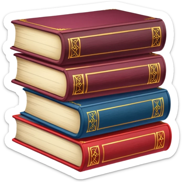 A stack of colorful spellbooks that look like they came out of a fine victorian library sticker