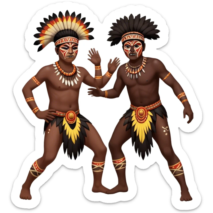 Cinematic Realistic scene of two indigenous male aboriginals performing an Aboriginal Corroboree, adorned in traditional body paint, A corroboree is an Australian Aboriginal ceremonial meeting. It usually includes celebration of Aboriginal mythology and spirituality, which is based in the Dreaming sticker