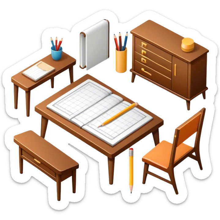Icon for Furniture Design: a furniture drawing with 3D models of furniture pieces placed on top, accompanied by rulers and a pencil. The icon should represent the design process with focus on precision and modeling. Transparent background. sticker