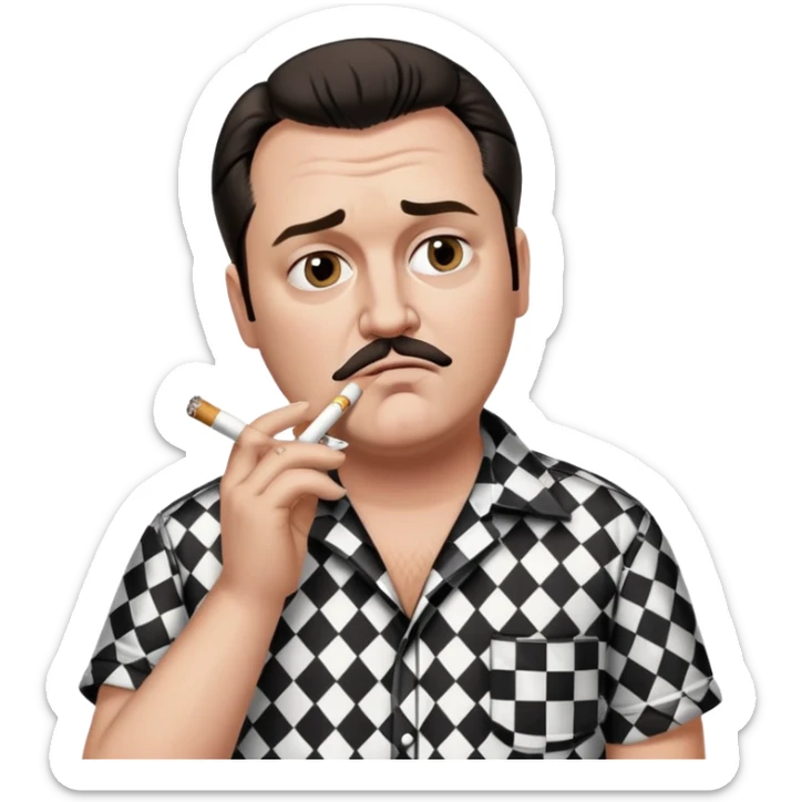 Bust of Ricky from Trailer park boys wearing black and white checkered short sleeve shirt, smoking a cigarette sticker