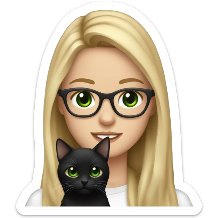 pretty white girl with dark green eyes, long dirty blonde hair, with square frame glasses. holding a black cat sticker