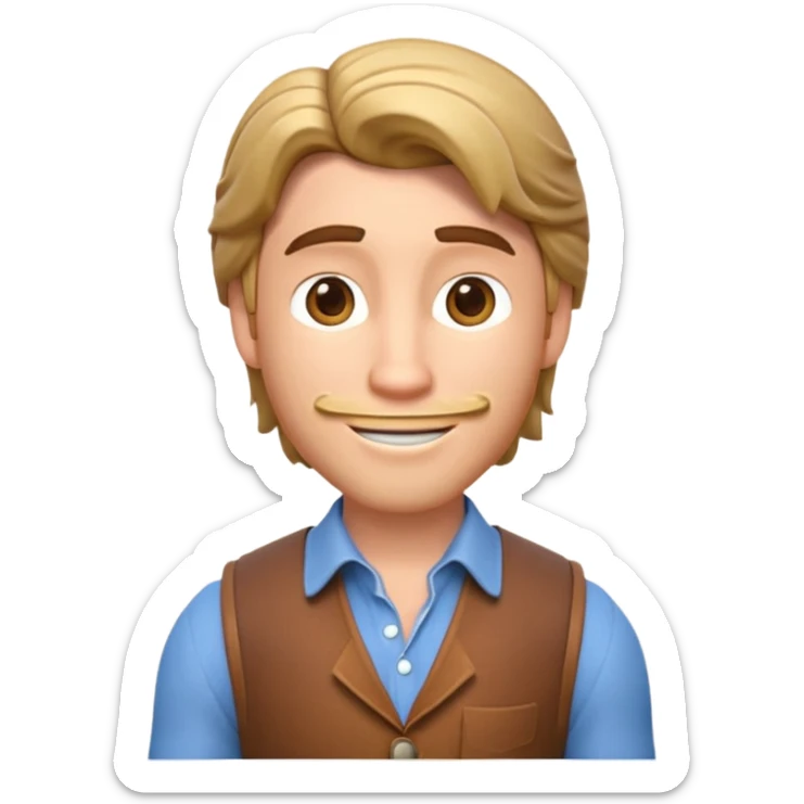 Crie um emoji 3D estilo Apple inspirado no personagem Flynn Rider (José) de Enrolados: pele clara, cabelo castanho, sorriso charmoso, sobrancelha arqueada, expressão confiante e divertida sticker