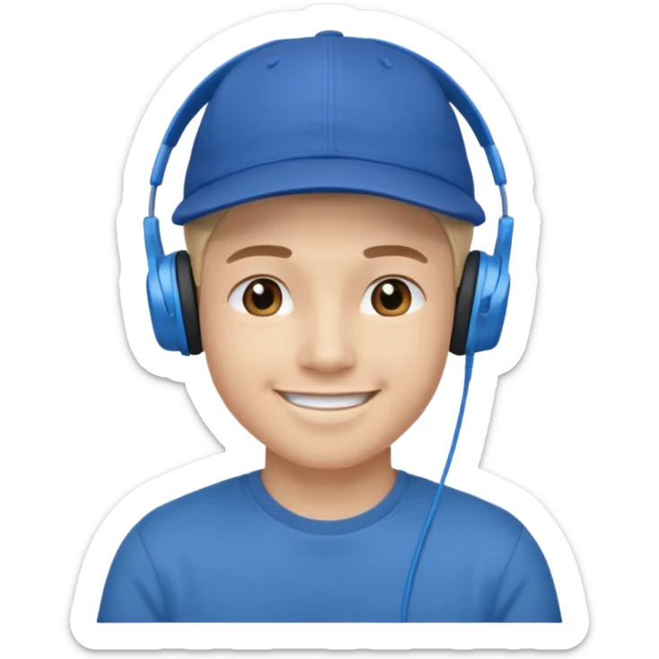Only the head of a young guy smiling with headphones in his ears and a cap on his head turned back. sticker