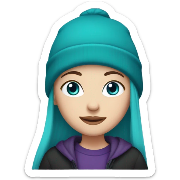 White girl, blue eyes, long teal hair, purple beanie hat, black hoodie sticker