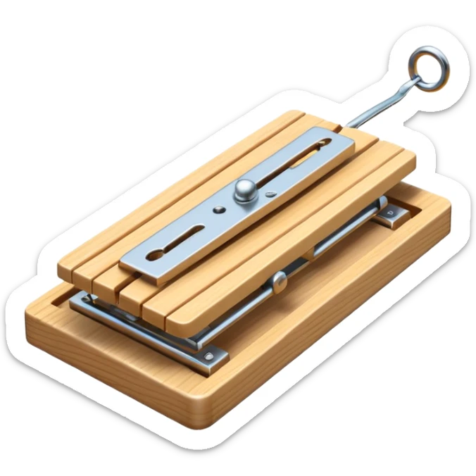 A 3D emoji in iOS emoji aesthetic style of a classic mousetrap without cheese, showing a wooden base and metal spring mechanism, clean minimal design, bright lighting, glossy Apple-style look, white background. sticker