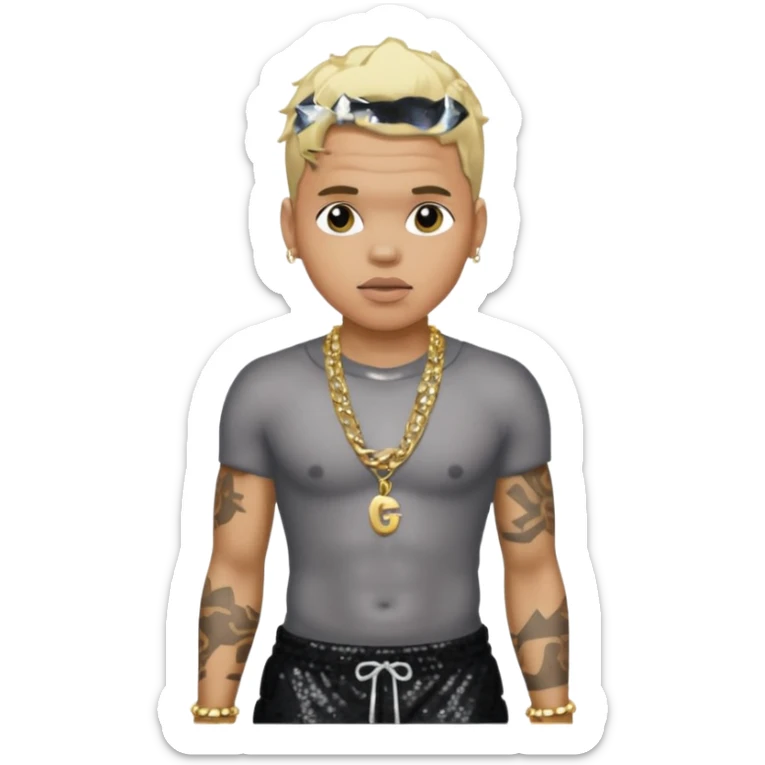 Chris Brown with blonde hair, black sequin baggy pants, shirtless with necklace sticker
