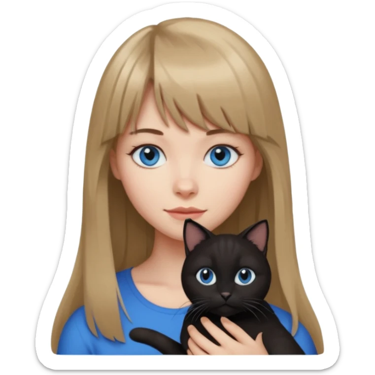 Apple-style emoji sticker of a young woman with long dark blond hair and bang, blue eyes , holding a black and white cat sticker