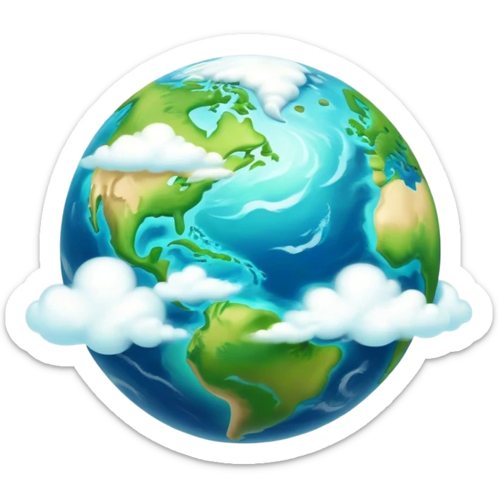 Cinematic Realistic Earth Emoji, depicted with vibrant blue oceans, swirling white clouds, and lush green continents rendered in exquisite detail, high shine, and a soft radiant glow that captures the dynamic, life-sustaining beauty of our home planet. sticker