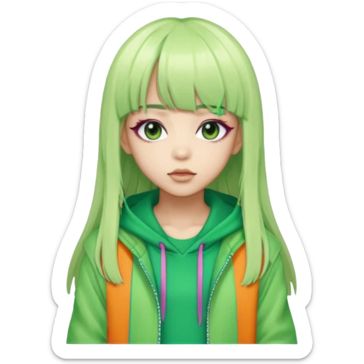  portrait-of-a-green skin alien-k-pop-idol,-wearing-a-stylish-streetwear-outfit-with-layered-colorful-clothing,-long-hair-with-bangs,-makeup,- sticker