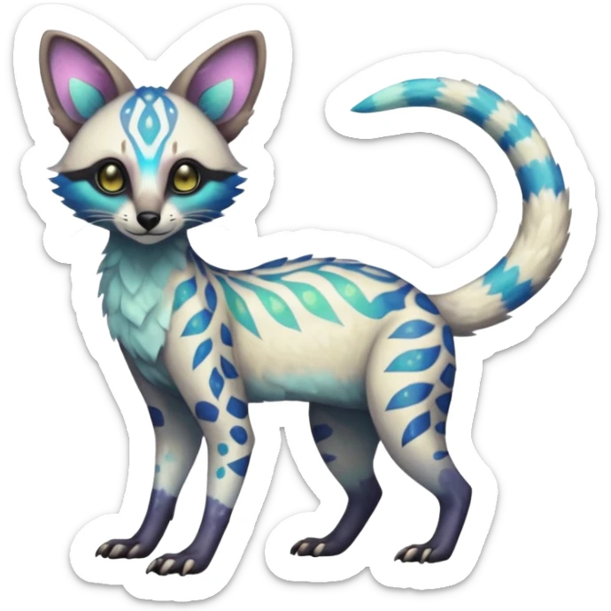 Rare iridescent white exotic epic aesthetic colorful Trico-Genet-species-Fakemon-hybrid-creature, with intricate tattoo markings, full body sticker