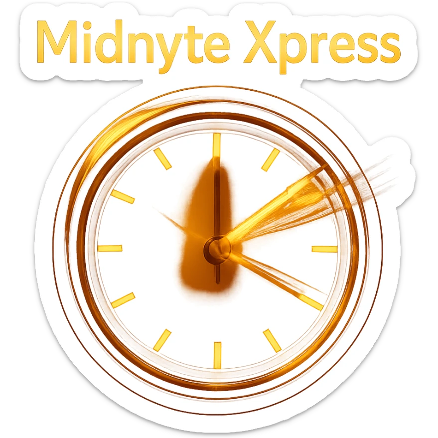 Add a sense of motion to the clock hands with motion blur or dynamic lines, while keeping the glowing effect and realistic style. The text 'Midnyte Xpress' should remain above. Maintain a transparent background. sticker