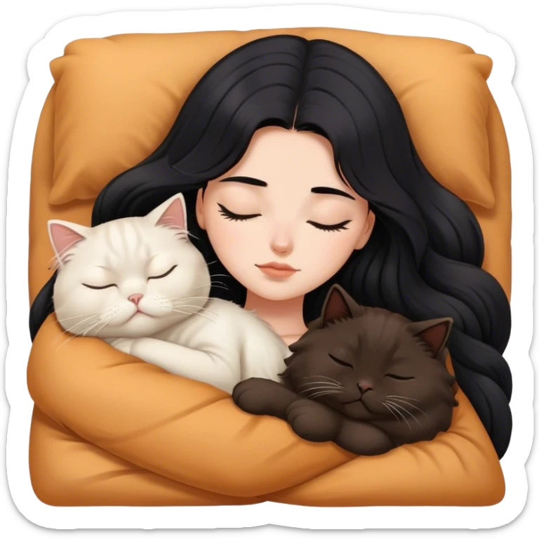 A pretty white girl with long black hair and sleeping curled up to a brown Persian cat sticker
