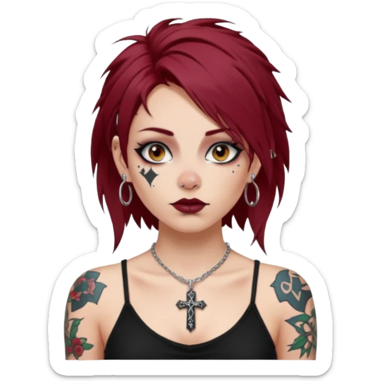 generate an ios genmoji of a girl with dark red messy hair with eyeliner on. septum piercing, wearing a cami black top, has tattoos, on shoulders. ear piercings. wearing a cross silver necklace sticker
