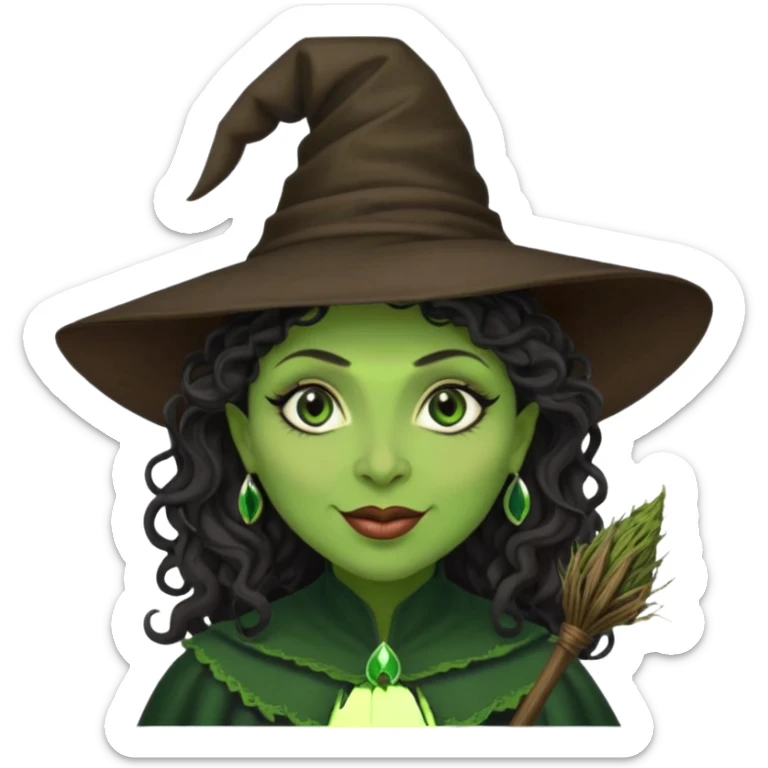 elphaba the wicked witch from wicked movie (cynthia erivo) dark long curly hair, thick lips, wide nose, green skins, witch hat, witch broom, evil, wicked musical film, evil smirk sticker