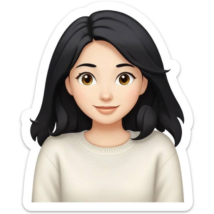 A woman with longer black hair, light to medium skin tone, full cheeks, and almond-shaped eyes, wearing a simple white sweater, joyful and radiant expression, cheerful. sticker