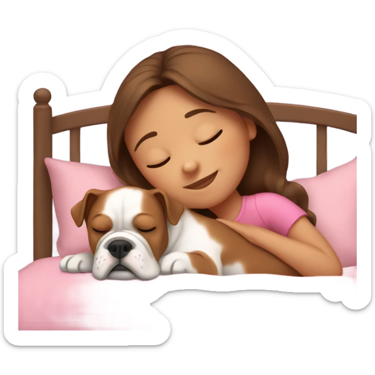 Sleeping girl in pink bed with brown hair and bulldog sticker