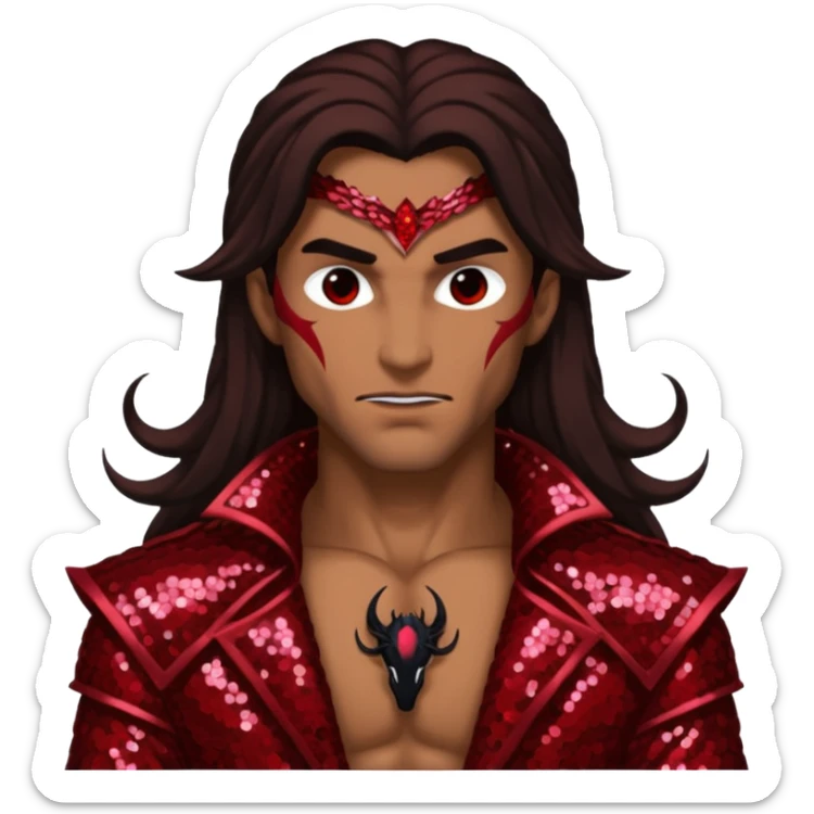 Samael, Venom of God from Gods and Goddesses with tan skin, long dark brown hair, dark red sequin outfit sticker