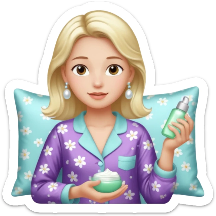 Clean girl aesthetic emoticons, apply skincare products, pearl earrings, glowing skin, pajamas, soft lighting sticker